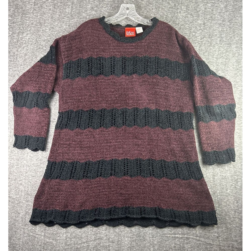 Liz & Co Womens Small Knit Cardigan Sweater‎ Long Sleeve Burgandy Stripe Holiday